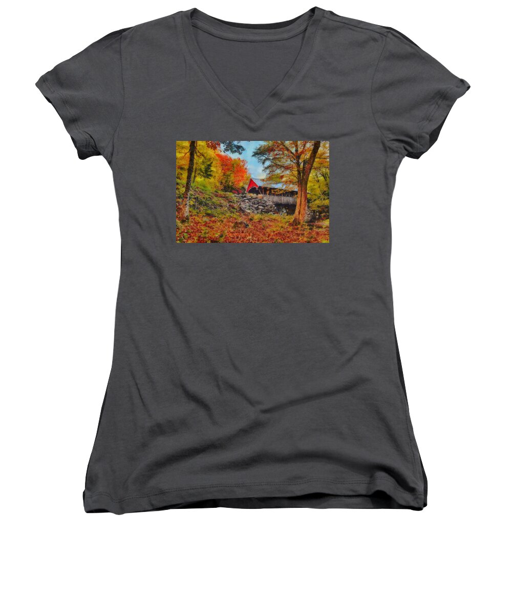 Autumn Foliage New England Women's V-Neck featuring the photograph Looking up at the Flume Gorge covered bridge by Jeff Folger