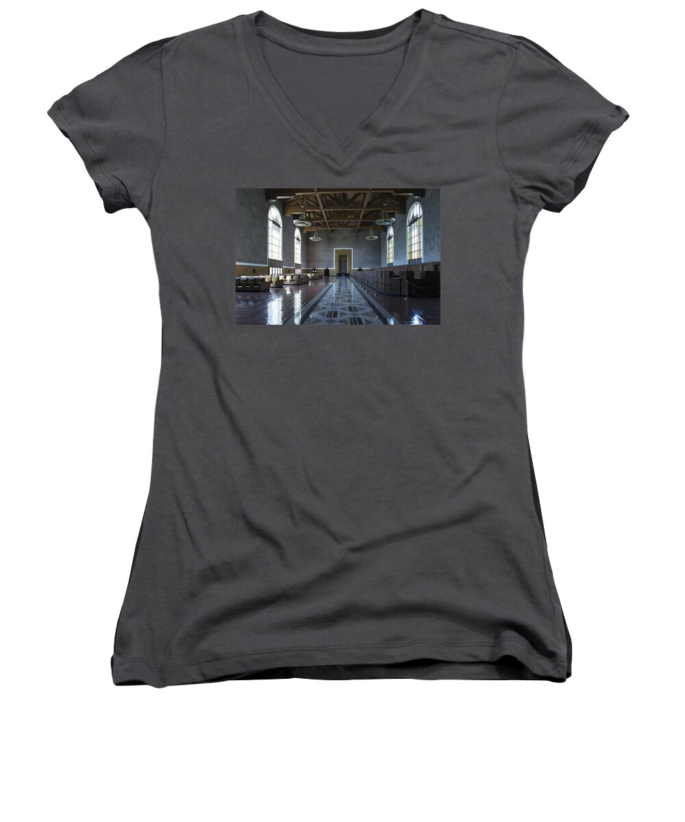 Union Station Women's V-Neck featuring the photograph Los Angeles Union Station - Custom by Belinda Greb