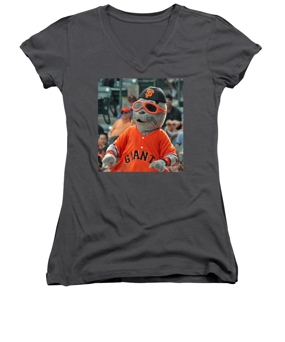 San Francisco Giants Fan Women's V-Neck featuring the photograph Lou Seal San Francisco Giants Mascot by Tap On Photo