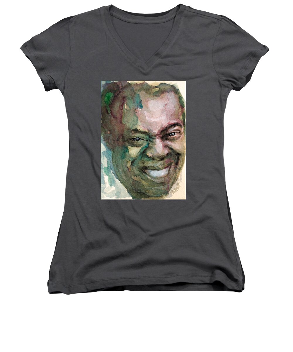 Louis Armstrong Women's V-Neck featuring the painting Louis Armstrong by Laur Iduc
