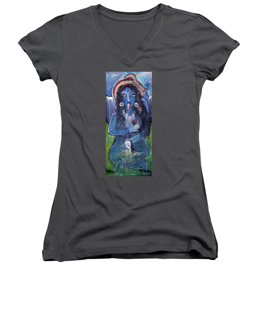 Hindu Women's V-Neck featuring the painting Love for Kali by Laurie Maves ART