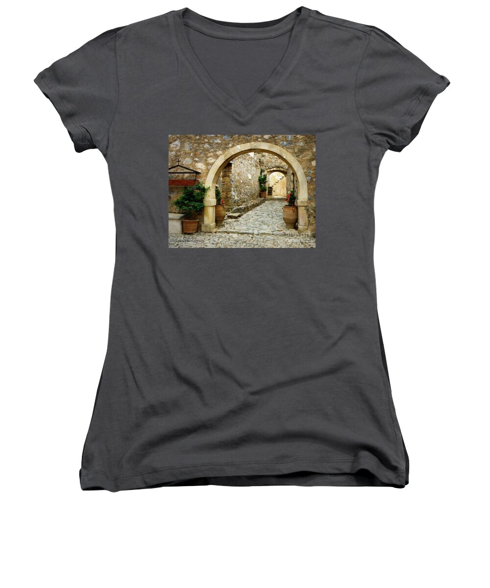 Monastery Women's V-Neck featuring the photograph Lower Preveli Monastery Crete 1 by Lainie Wrightson