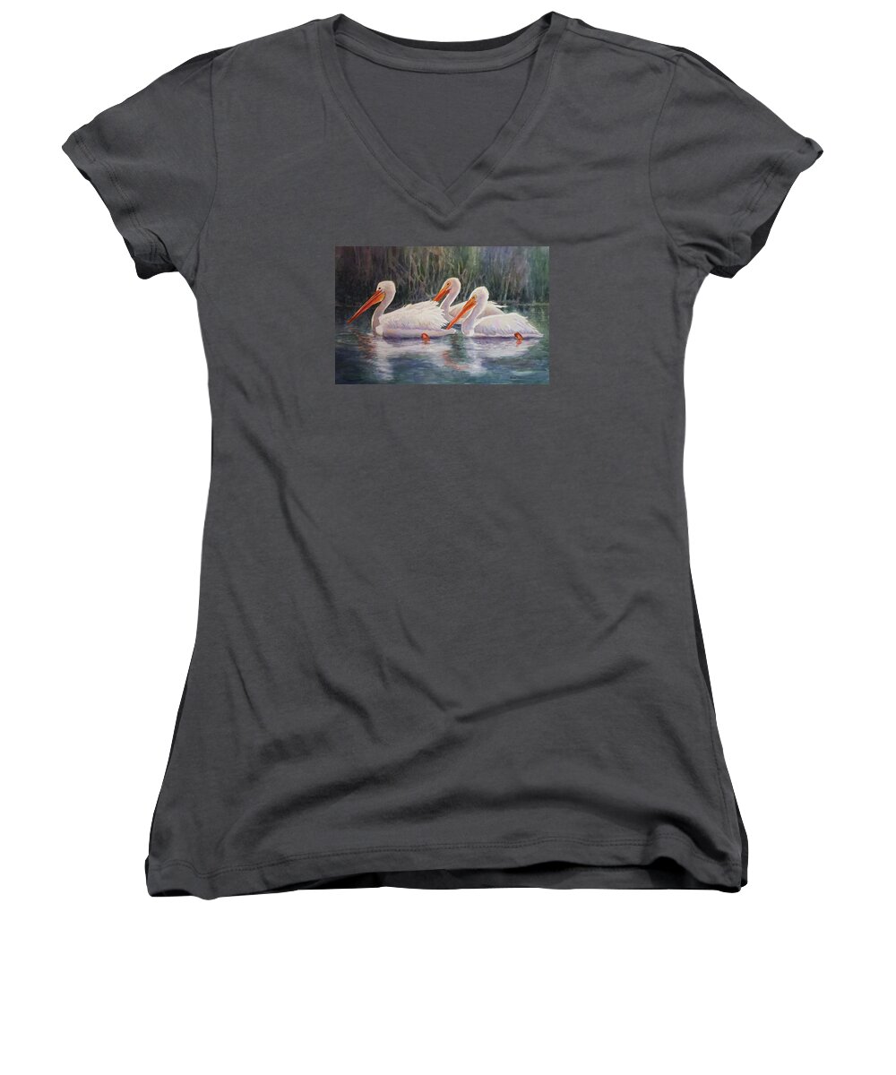 White Pelicans Women's V-Neck featuring the painting Luminous White Pelicans by Roxanne Tobaison