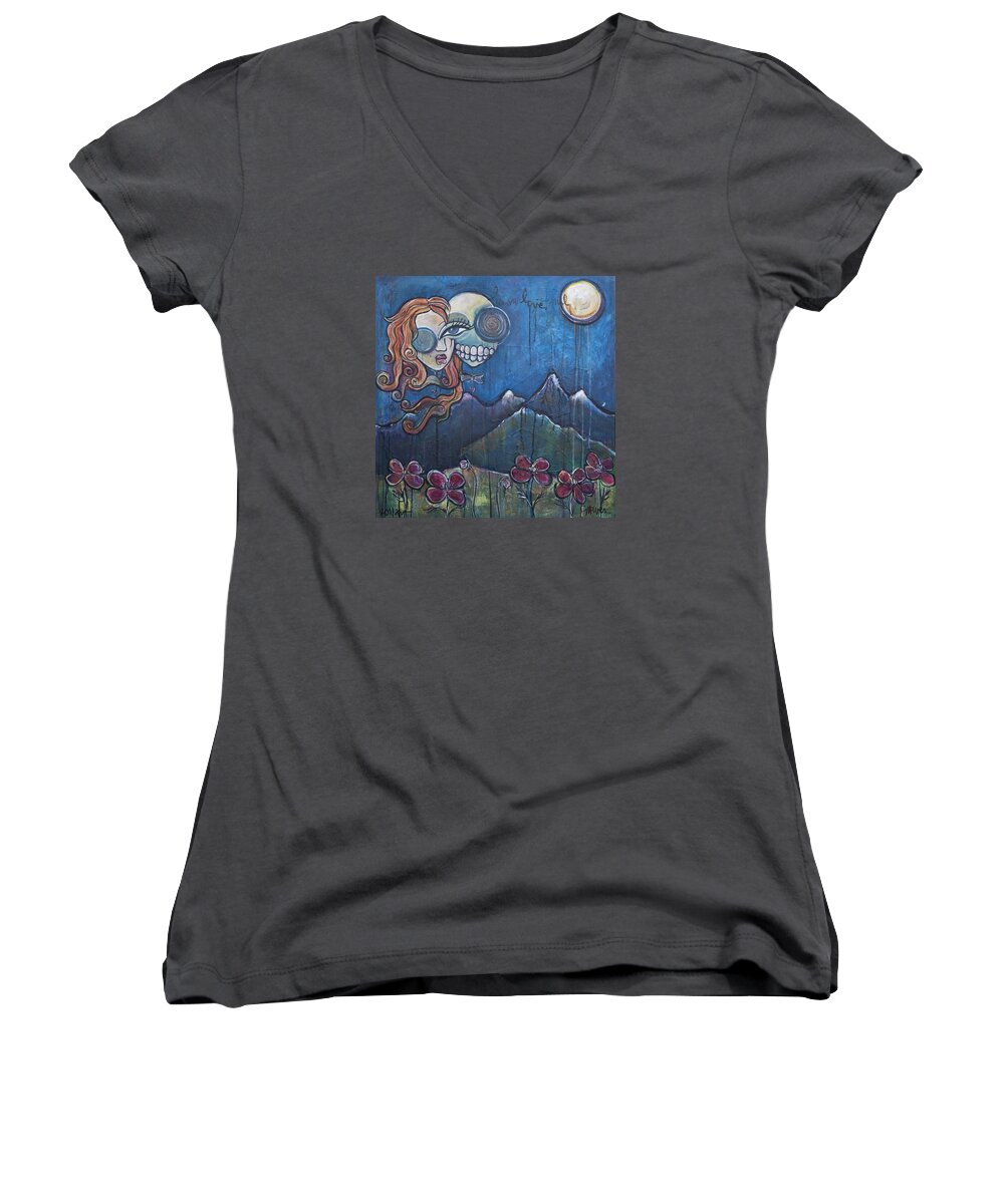 Luna Women's V-Neck featuring the painting Luna Our Love Eternal by Laurie Maves ART