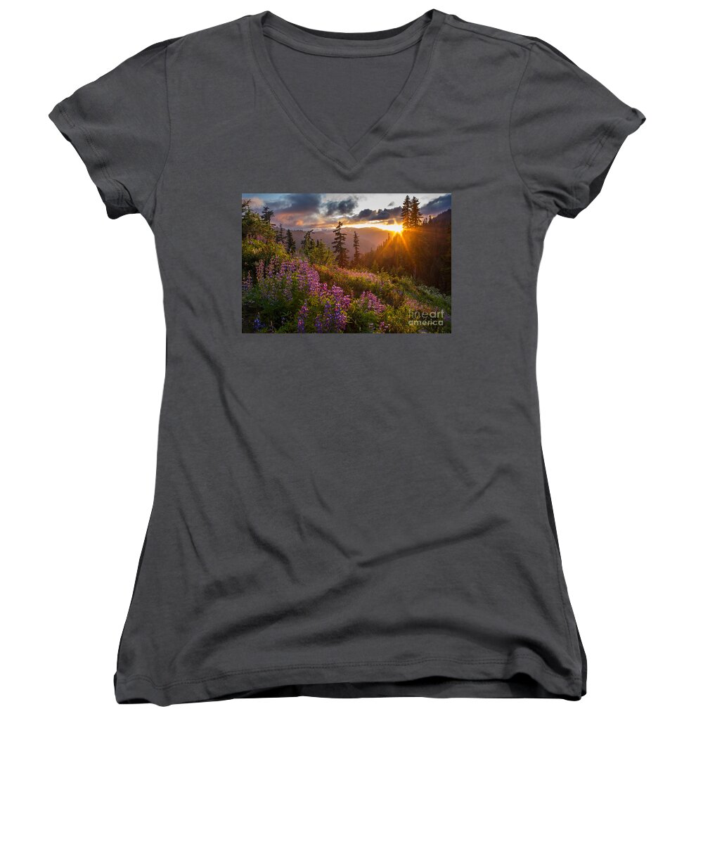 Mount Baker Women's V-Neck featuring the photograph Lupine Meadows Sunstar by Mike Reid