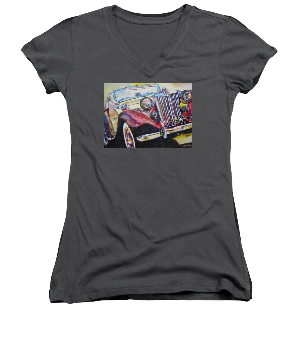 Transportation Women's V-Neck featuring the painting M G Car by Anna Ruzsan