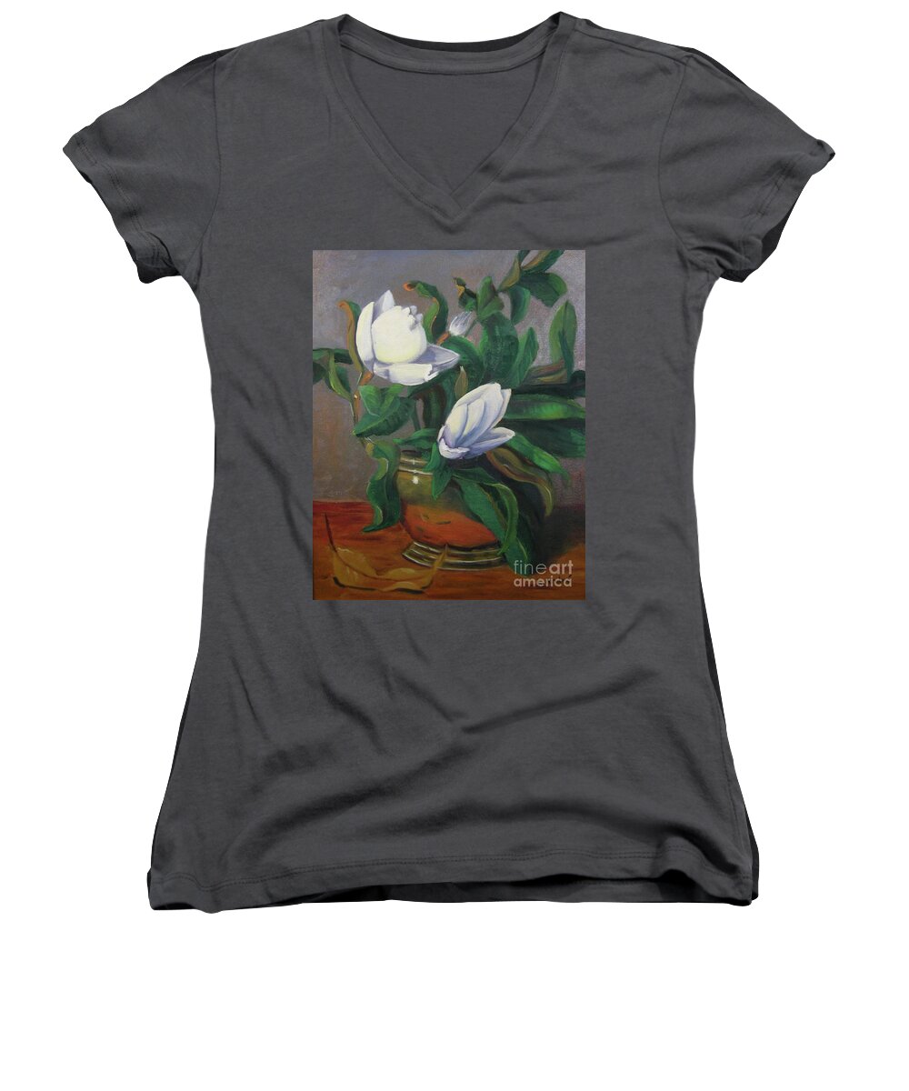 Floral Women's V-Neck featuring the painting Magnolias on Brass by Lilibeth Andre