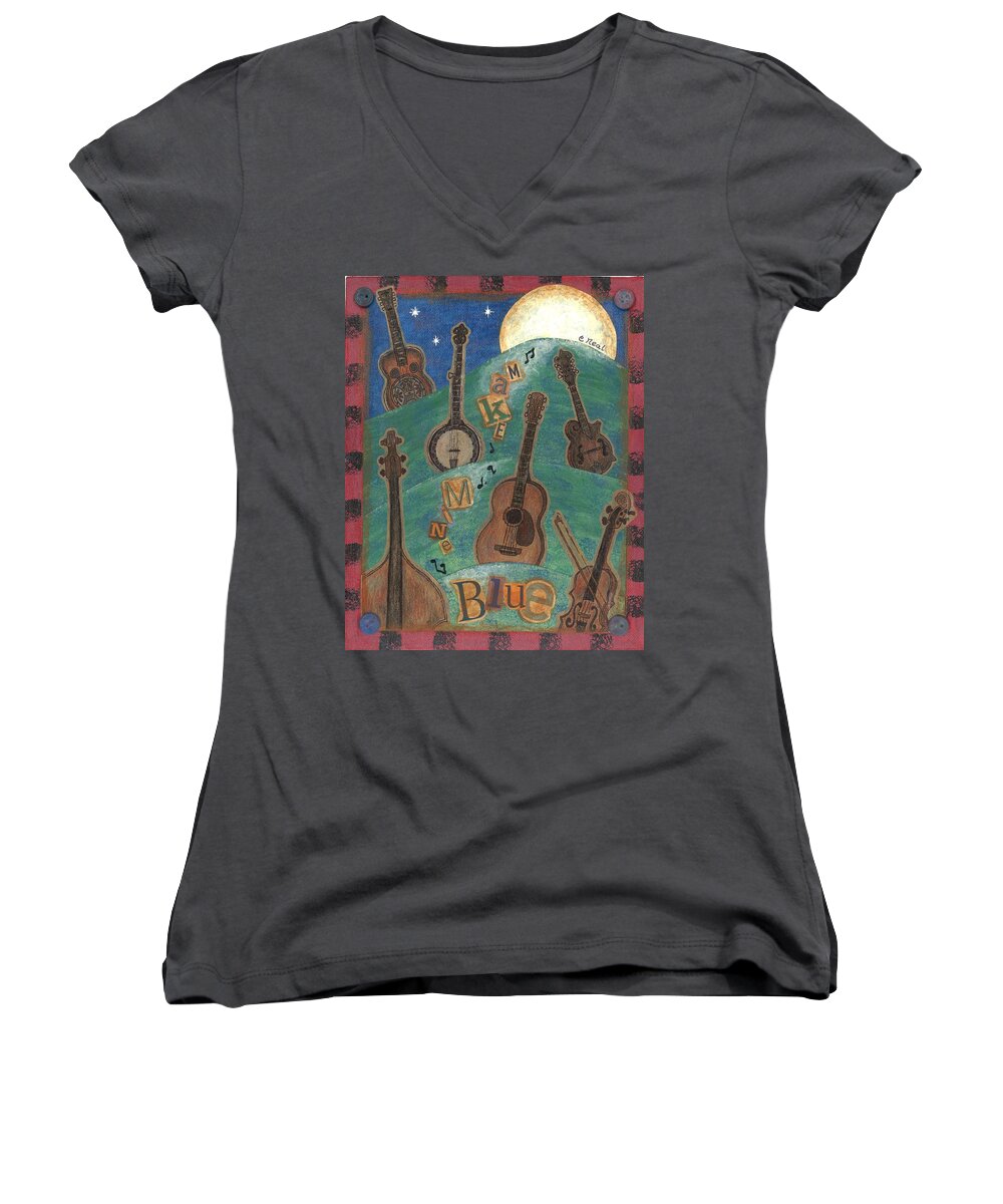 Full Moon Women's V-Neck featuring the mixed media Make Mine Blue by Carol Neal