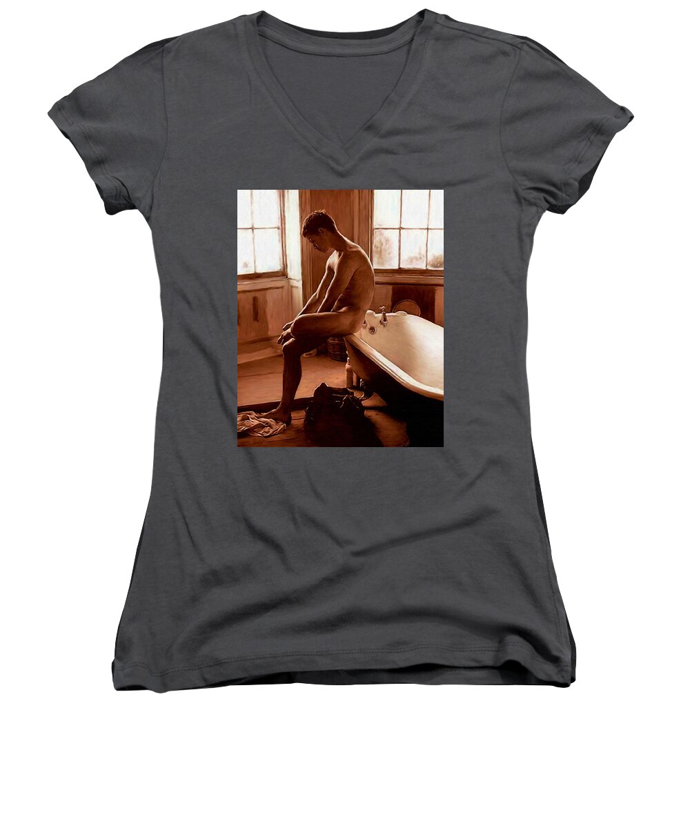 Naked Man Women's V-Neck featuring the painting Man and Bath by Troy Caperton