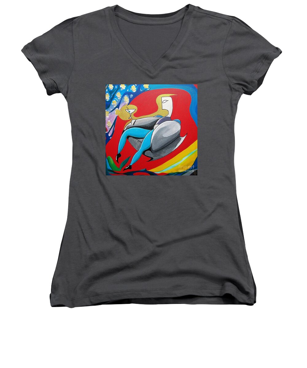 Abstract Women's V-Neck featuring the painting Man Sitting in Chair by John Lyes