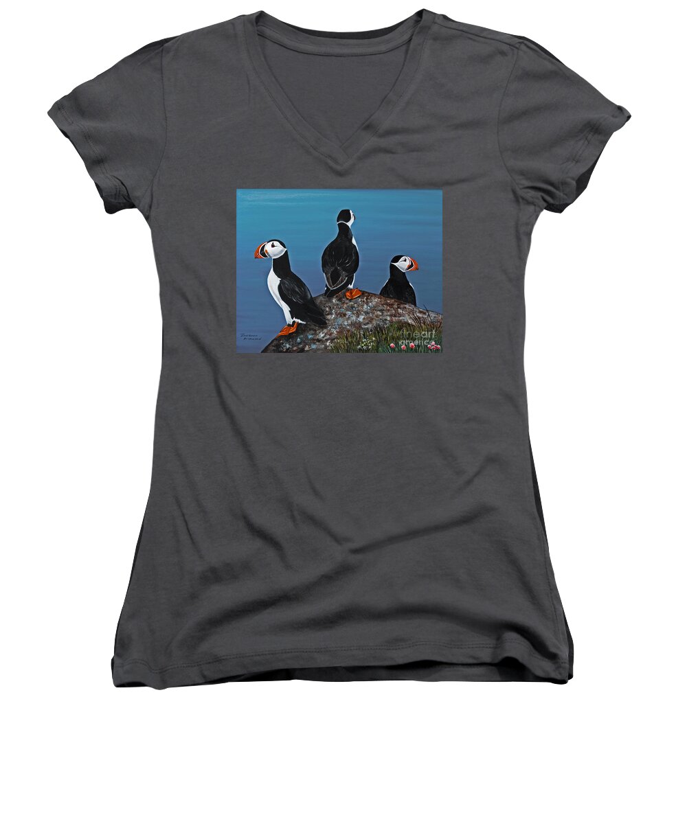 Puffins Women's V-Neck featuring the painting Maritime Trio by Barbara McMahon