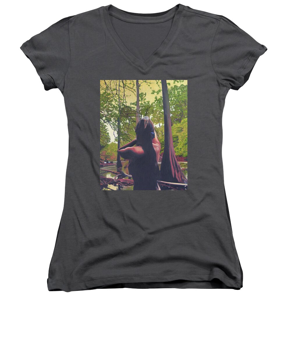 Figure Women's V-Neck featuring the painting May Morning Arkansas River 5 by Thu Nguyen