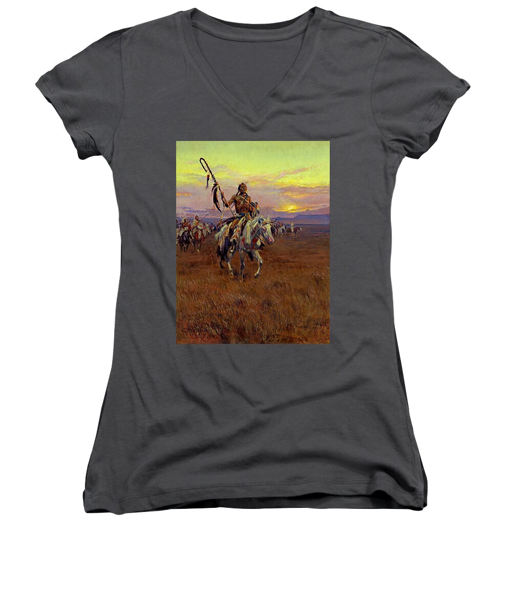 Charles Marion Russell Women's V-Neck featuring the painting Medicine Man by Charles Marion Russell