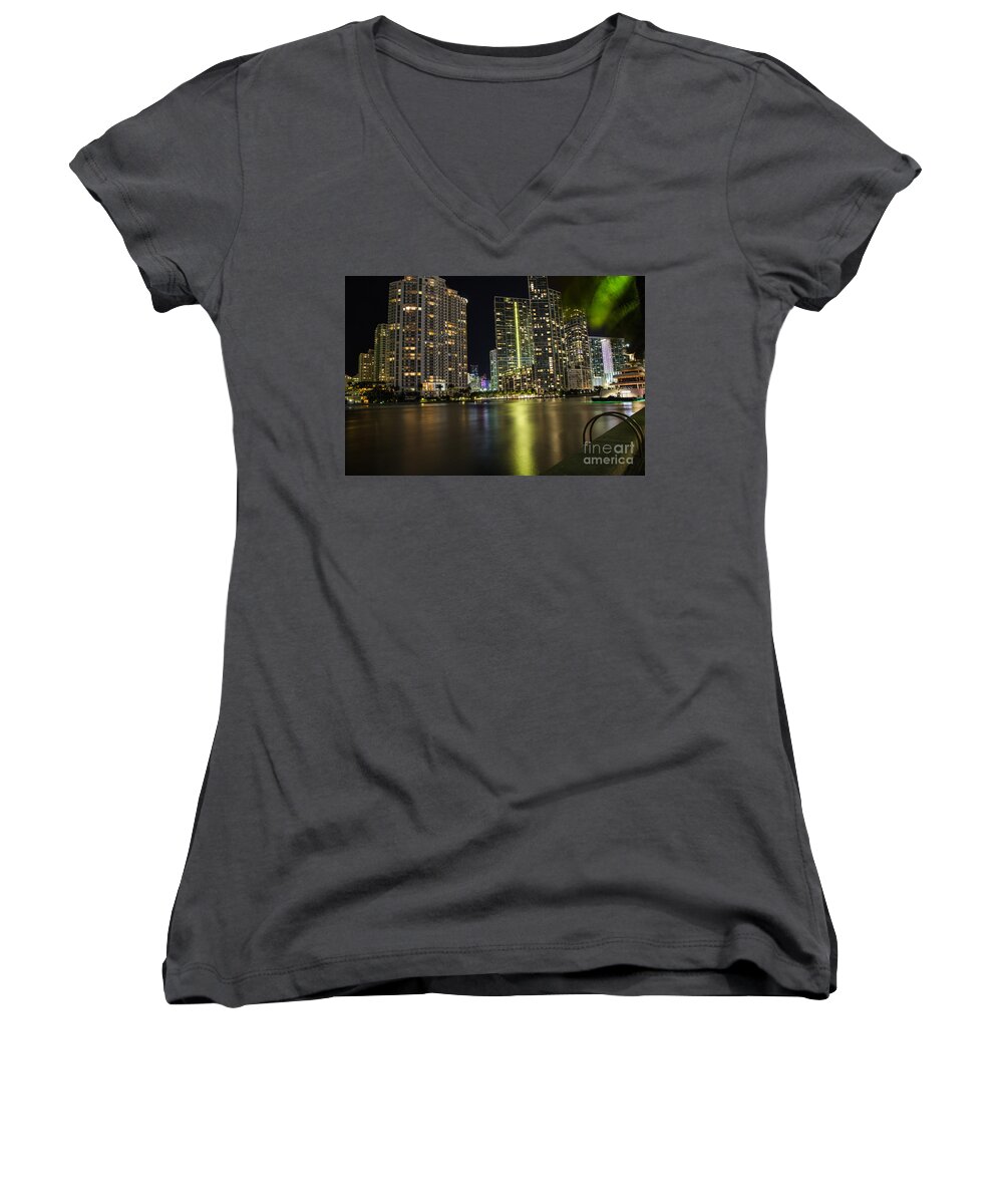 Florida Women's V-Neck featuring the photograph Miami lights by Agnes Caruso