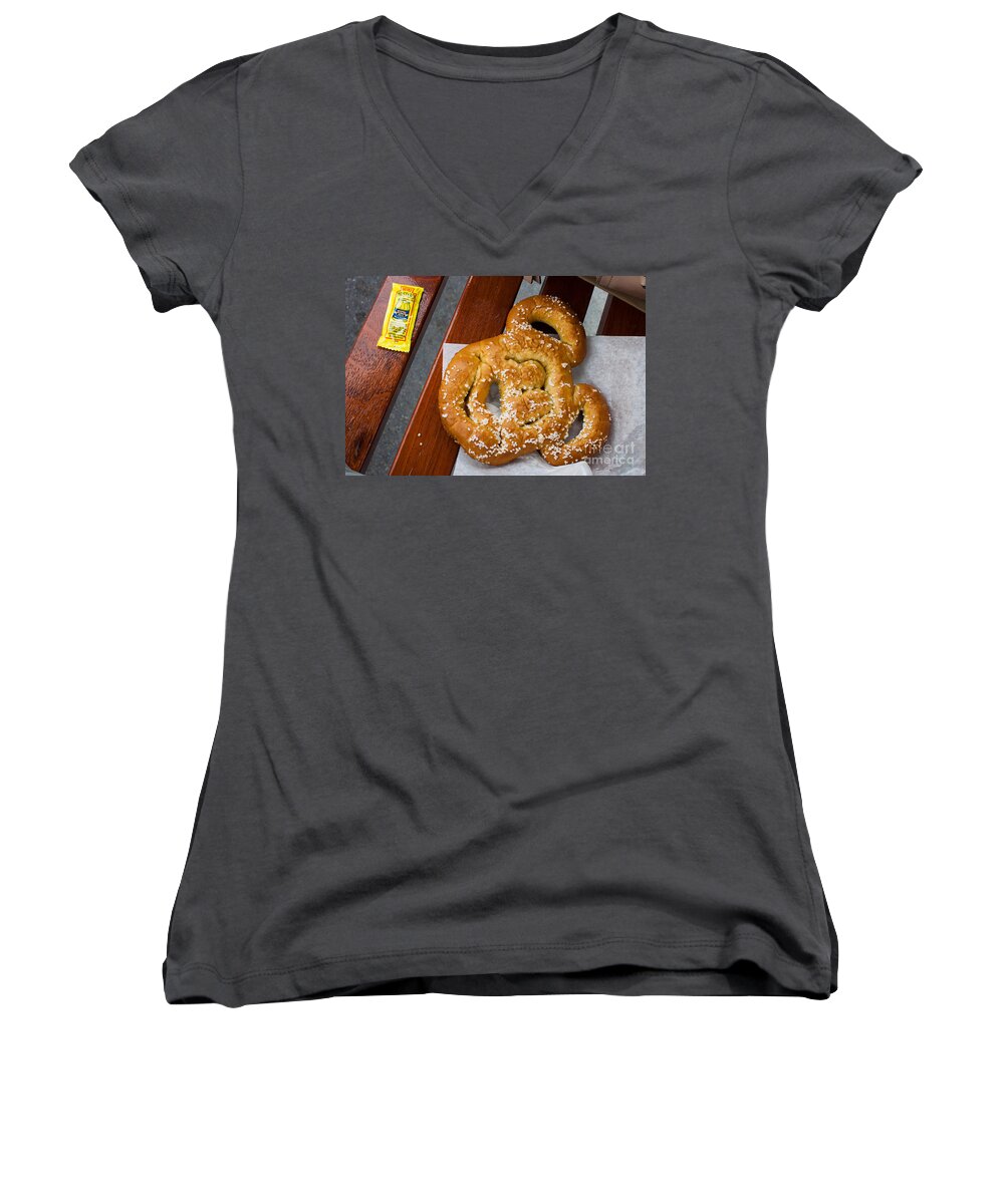 Disney World Women's V-Neck featuring the photograph Mickey Mouse Shaped Pretzel by Thomas Marchessault