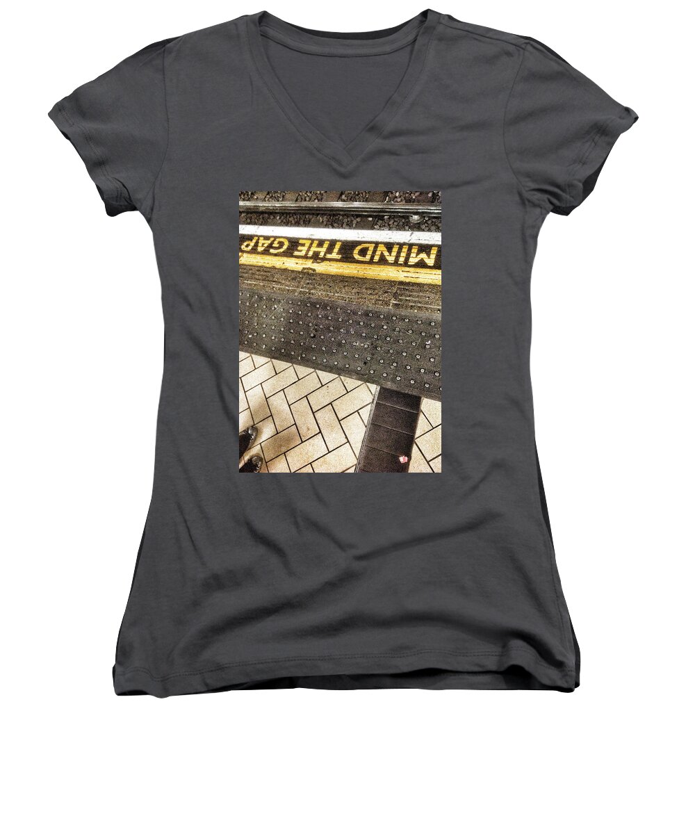 Mind The Gap Women's V-Neck featuring the photograph Mind The Gap by Gia Marie Houck
