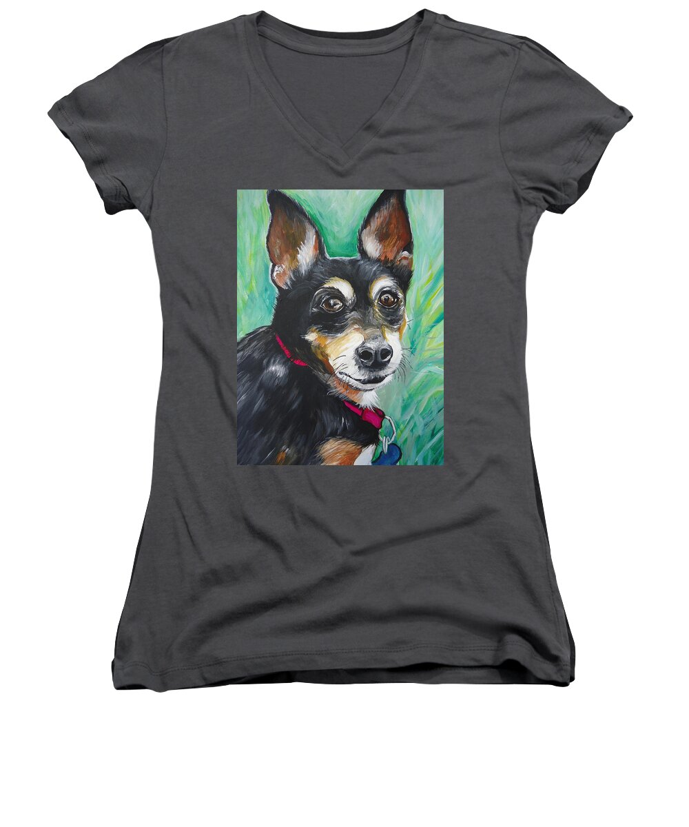 Miniature Pincher Women's V-Neck featuring the painting Miniature Pincher by Leslie Manley