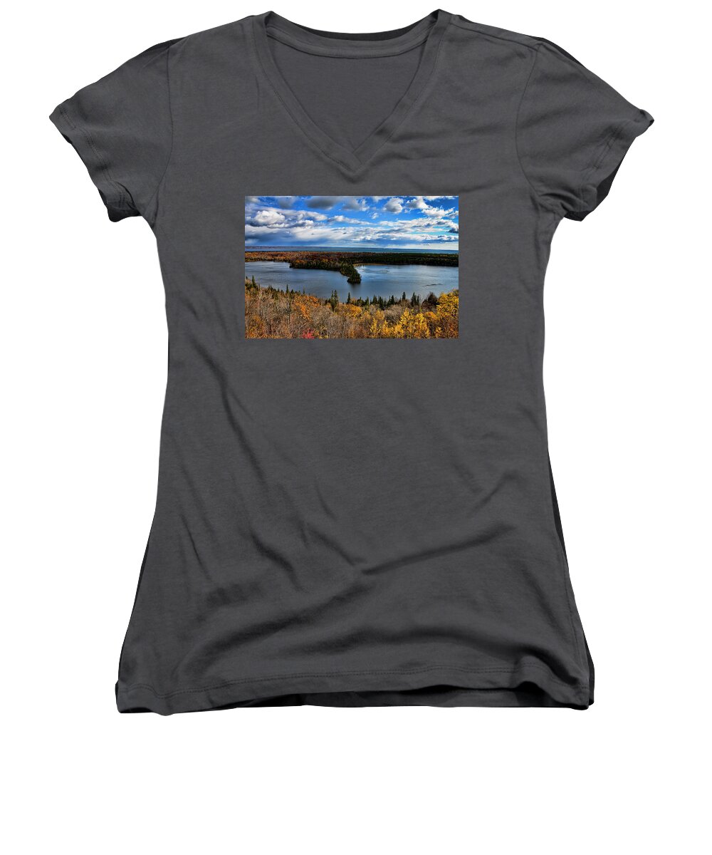 Evie Carrier Women's V-Neck featuring the photograph Mission Hill Spectacle Lake Upper Peninsula Michigan by Evie Carrier