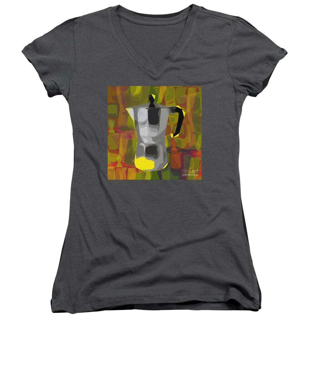 Cafe Women's V-Neck featuring the digital art Moka pot by Jean luc Comperat