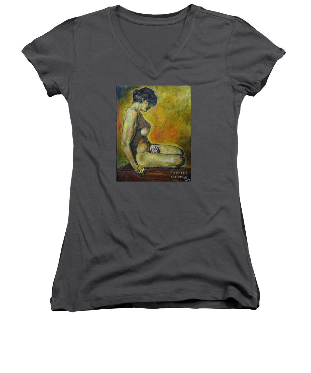 Woman Women's V-Neck featuring the painting Moment of Silence by Raija Merila