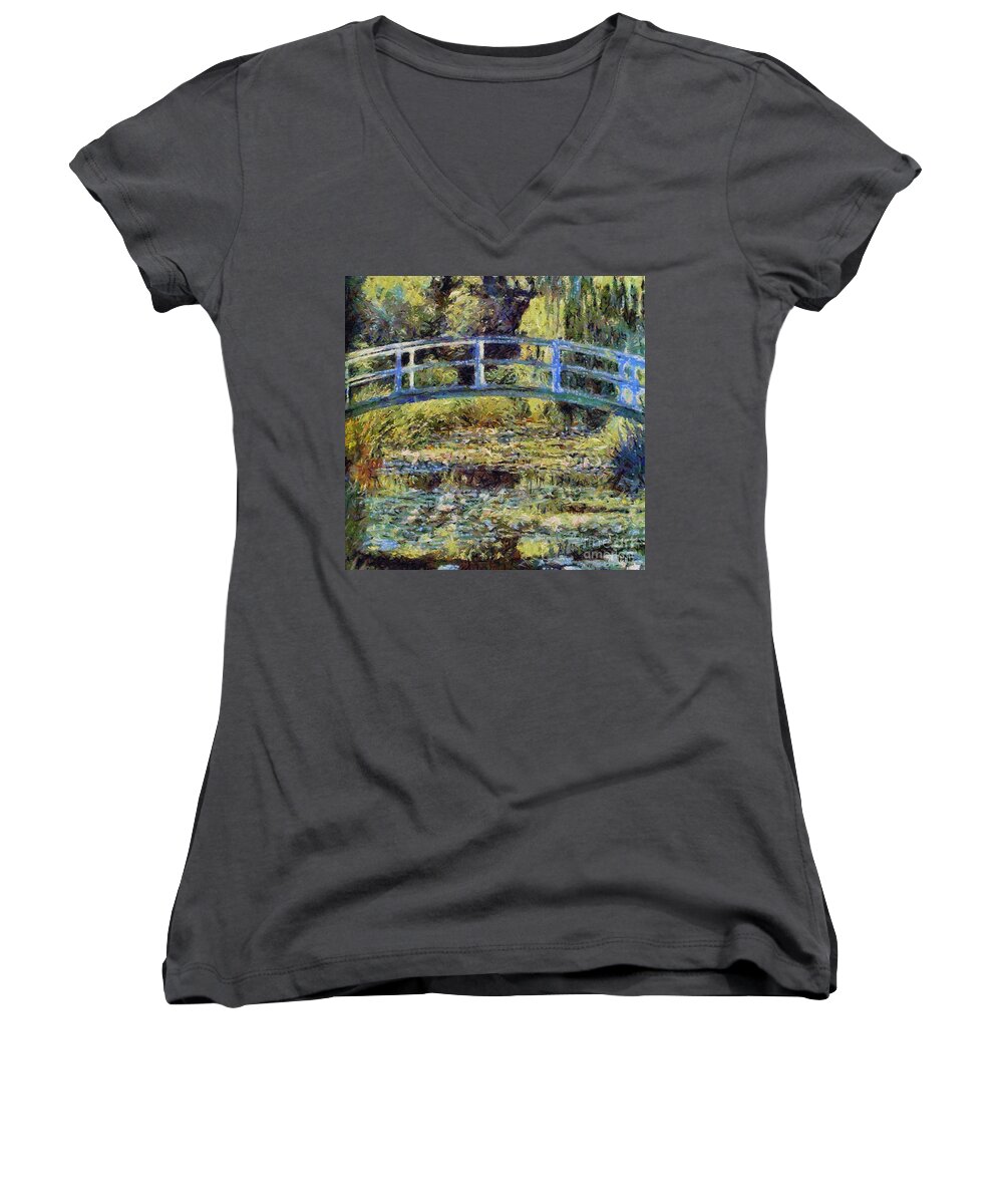 Landscapes Women's V-Neck featuring the painting Monet's Bridge by Dragica Micki Fortuna
