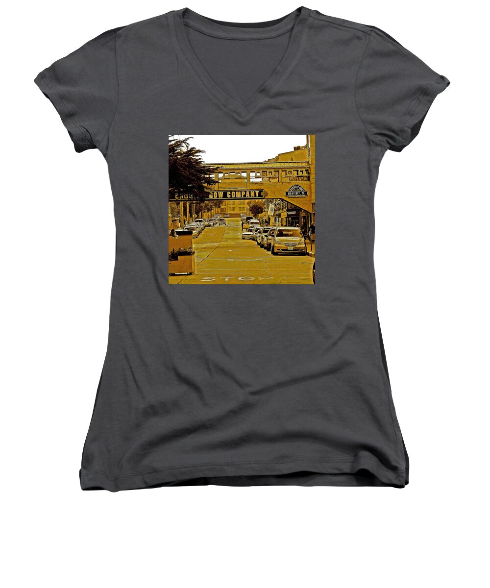 Monterey Cannery Row Company Women's V-Neck featuring the photograph Monterey Cannery Row Company by Joseph Coulombe