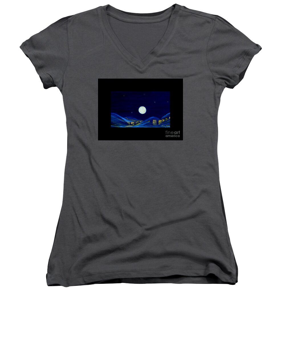 Best Winter Holidays Collection Women's V-Neck featuring the painting Moonlight. Winter Collection by Oksana Semenchenko