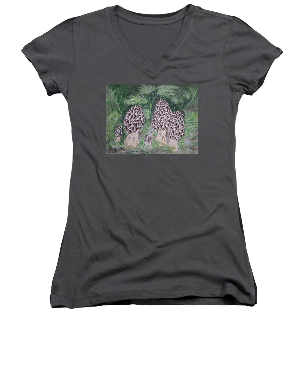 Morel Women's V-Neck featuring the painting Morel Mushrooms by Kathy Marrs Chandler