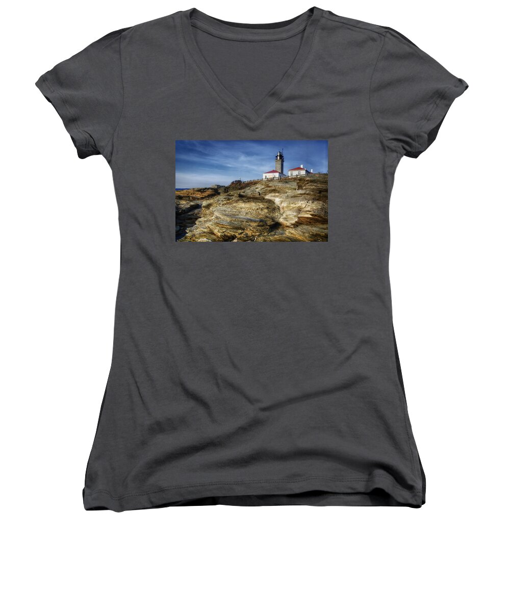 Joan Carroll Women's V-Neck featuring the photograph Morning at Beavertail Lighthouse by Joan Carroll