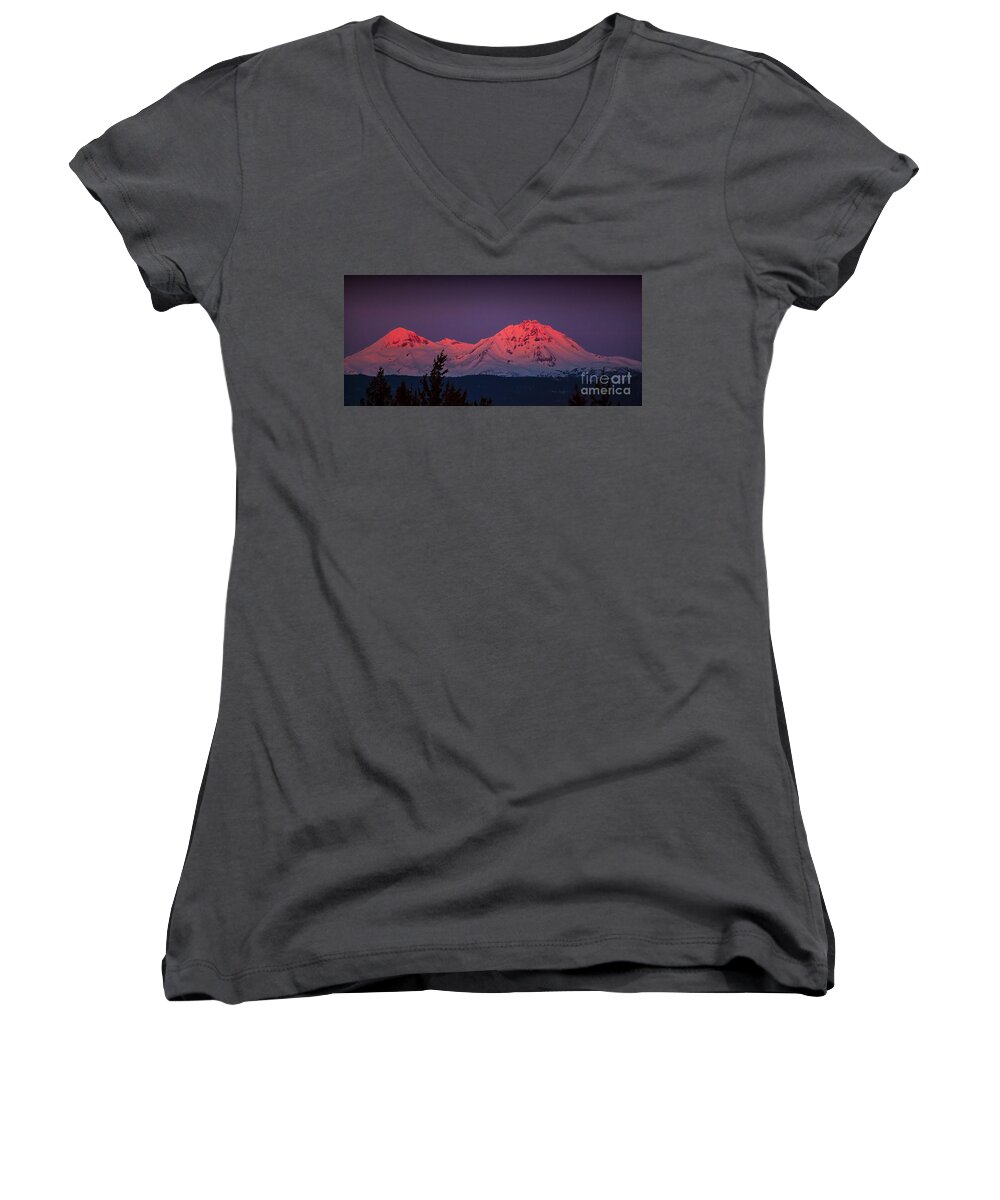Three Sisters Sunrise Mountain Photographs Women's V-Neck featuring the photograph Morning Dawn on Two Of Three Sisters Mountain Tops In Oregon by Jerry Cowart
