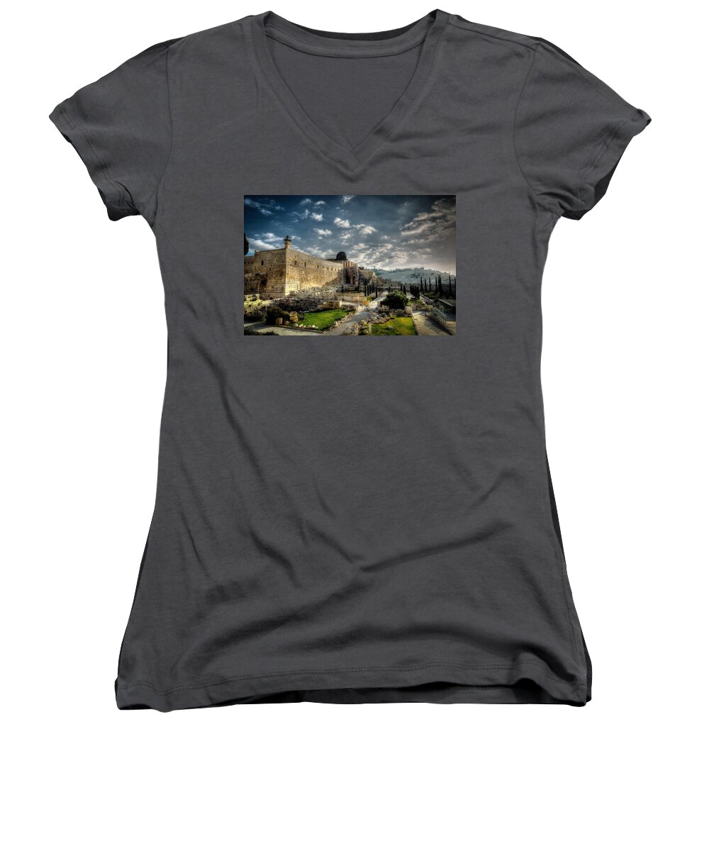 Israel Women's V-Neck featuring the photograph Morning in Jerusalem HDR by David Morefield