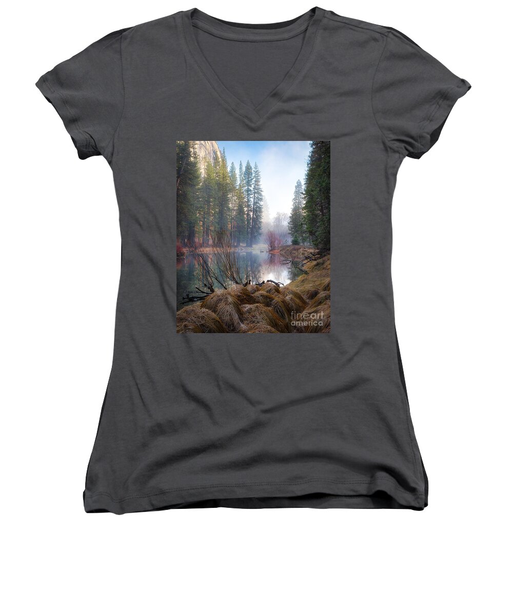 Yosemite Women's V-Neck featuring the photograph Morning On The Merced by Anthony Michael Bonafede