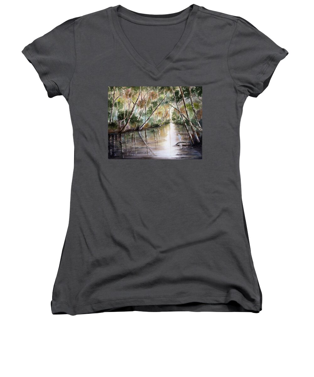 River Women's V-Neck featuring the painting Morning Reflections by Mary McCullah