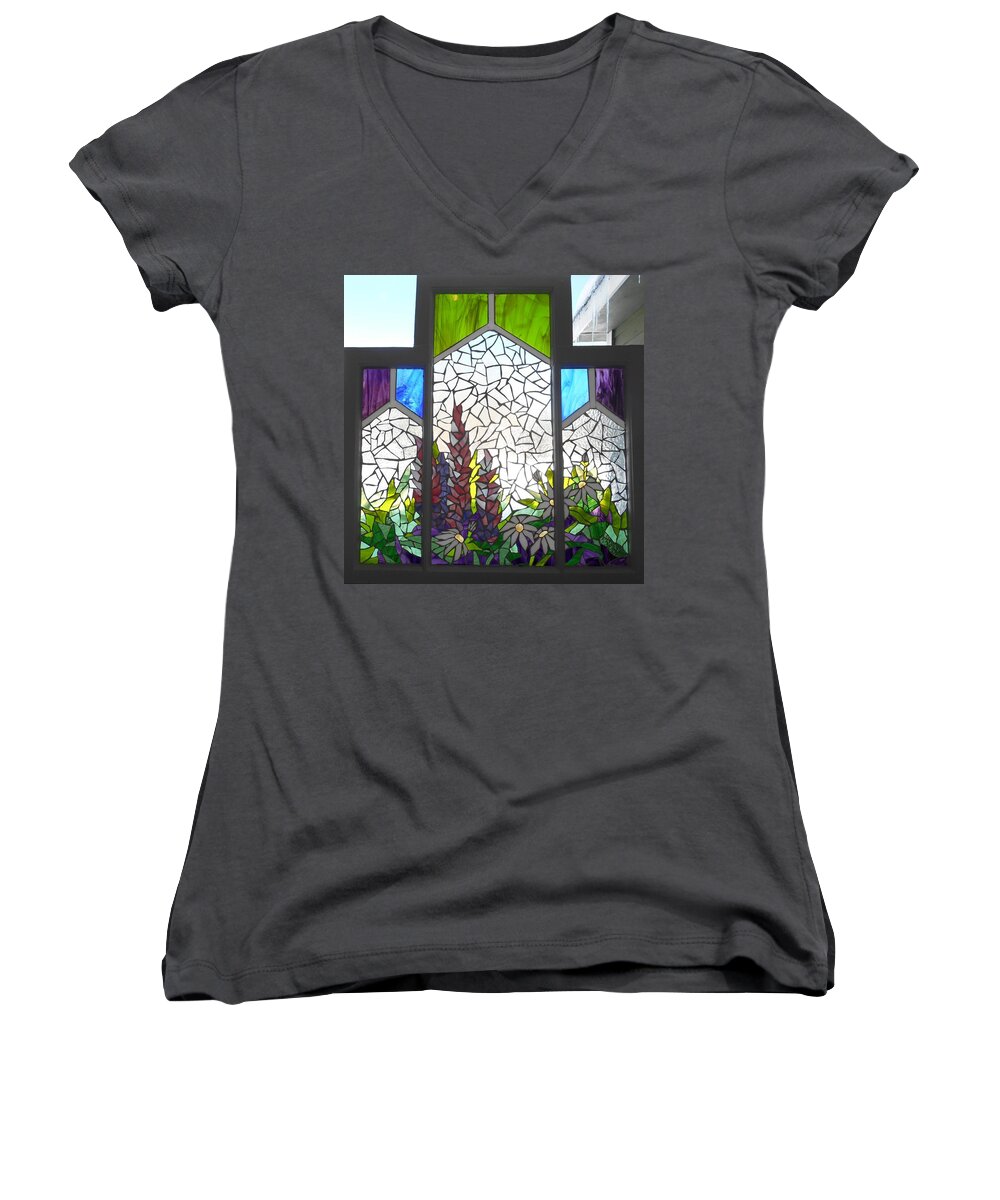 Stained Glass Women's V-Neck featuring the glass art Mosaic Stained Glass - The Flower Box by Catherine Van Der Woerd