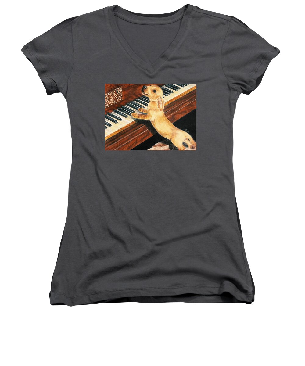 Purebred Dog Women's V-Neck featuring the drawing Mozart's Apprentice by Barbara Keith