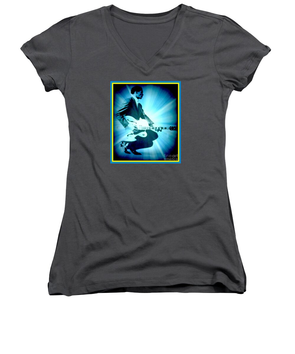  Women's V-Neck featuring the photograph Mr Chuck Berry Blueberry Hill Style Edited 2 by Kelly Awad