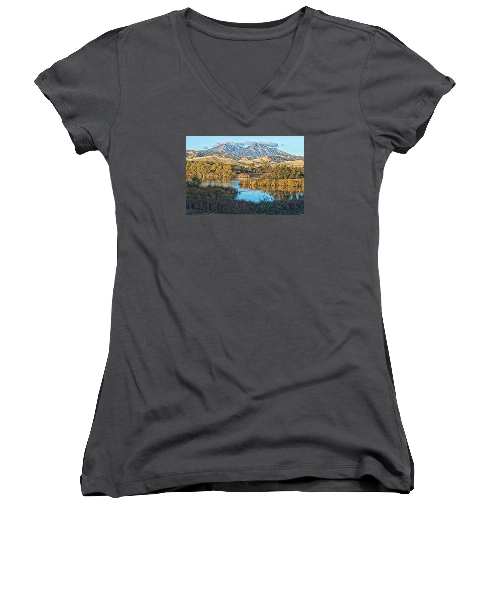 Mt. Diablo Women's V-Neck featuring the photograph Mt. Diablo Over Marsh Creek by Robin Mayoff