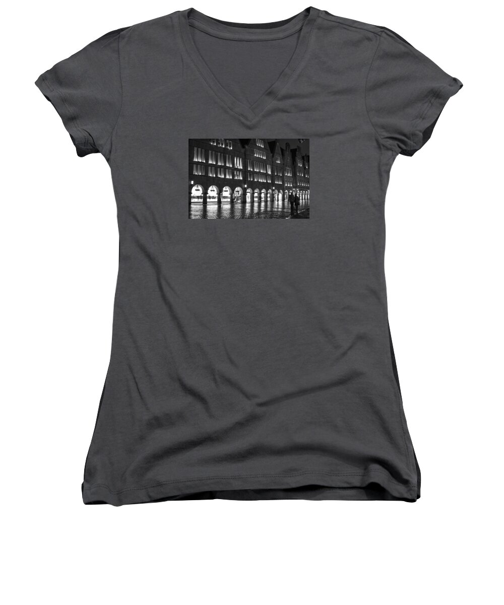  Women's V-Neck featuring the photograph Cobblestone Night Walk in the Town by Miguel Winterpacht