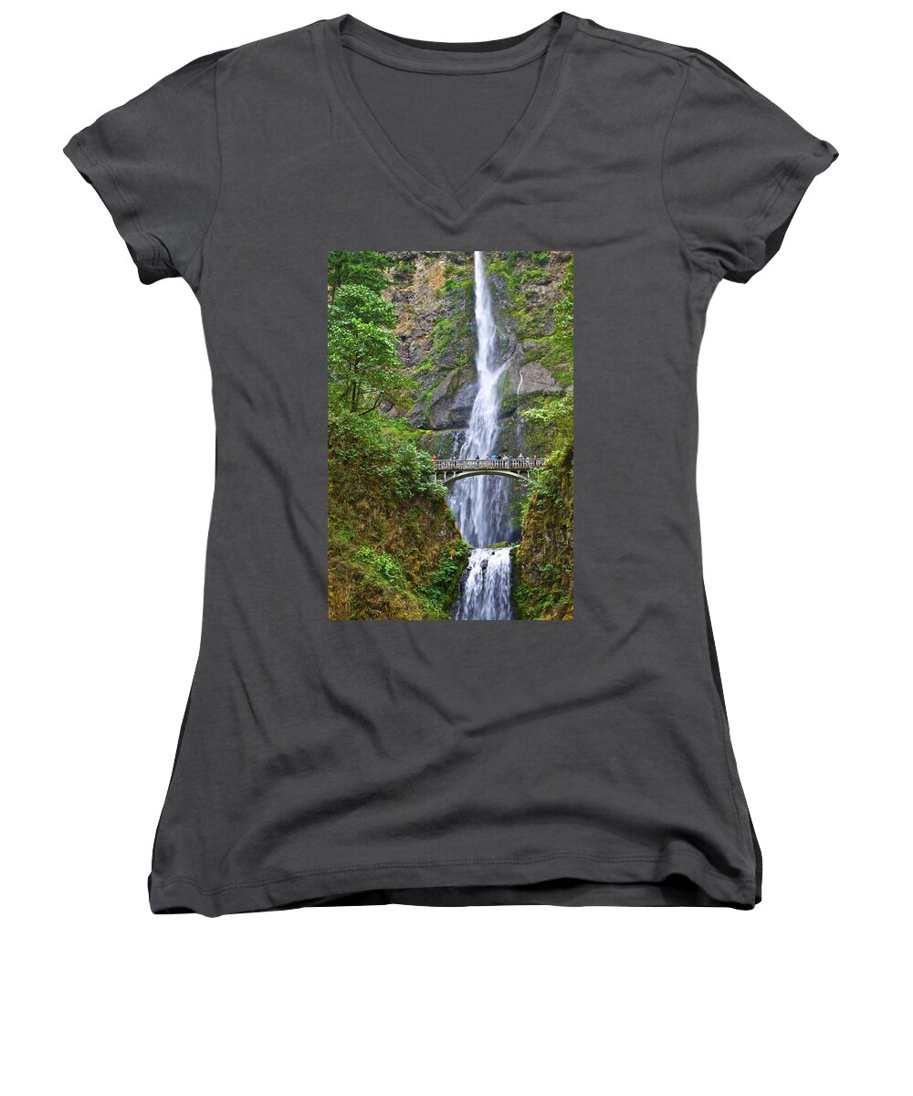 Waterfalls Women's V-Neck featuring the photograph Multnomah Falls 4 by SC Heffner