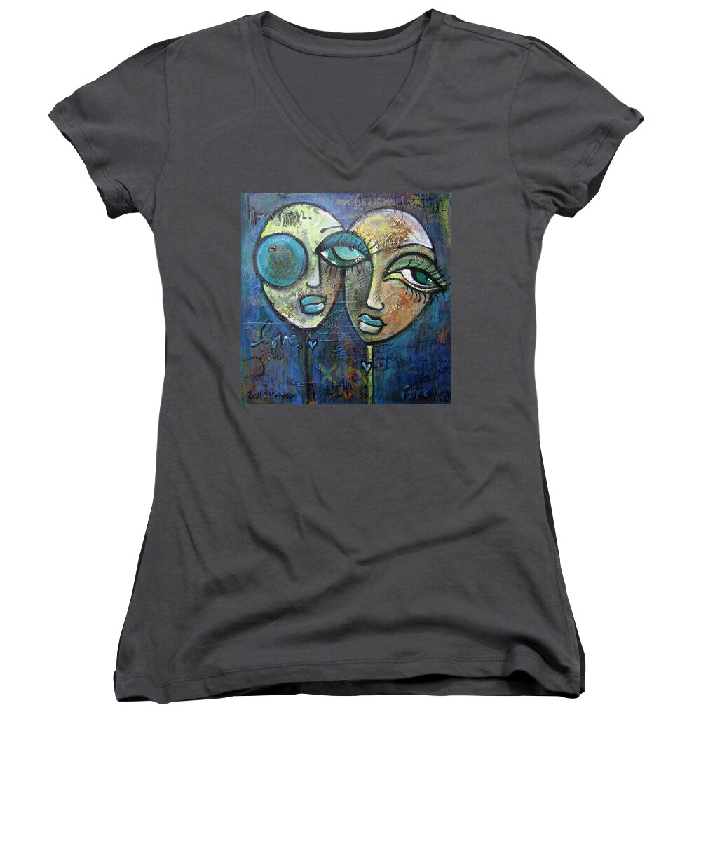 Faces Women's V-Neck featuring the painting My Biggest Fan by Laurie Maves ART