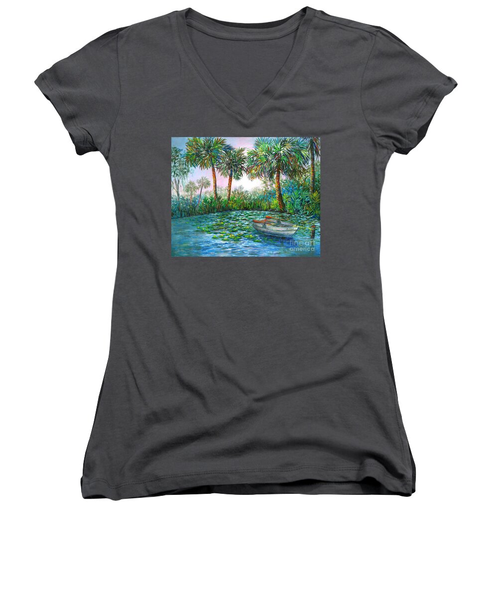 Florida Landscape Women's V-Neck featuring the painting My Little Boat by Lou Ann Bagnall