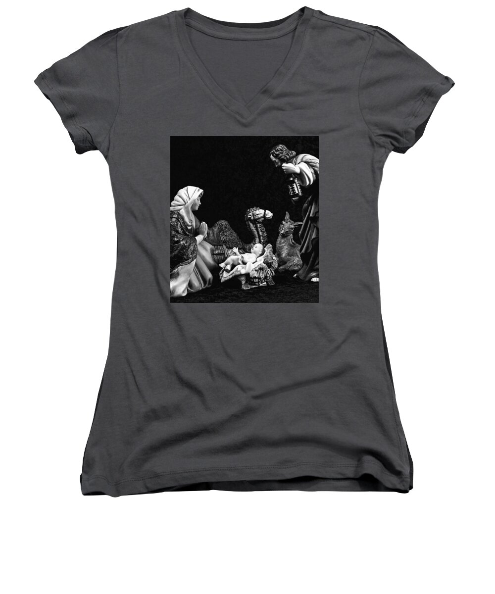 Baby Jesus Women's V-Neck featuring the photograph Nativity by Elf EVANS