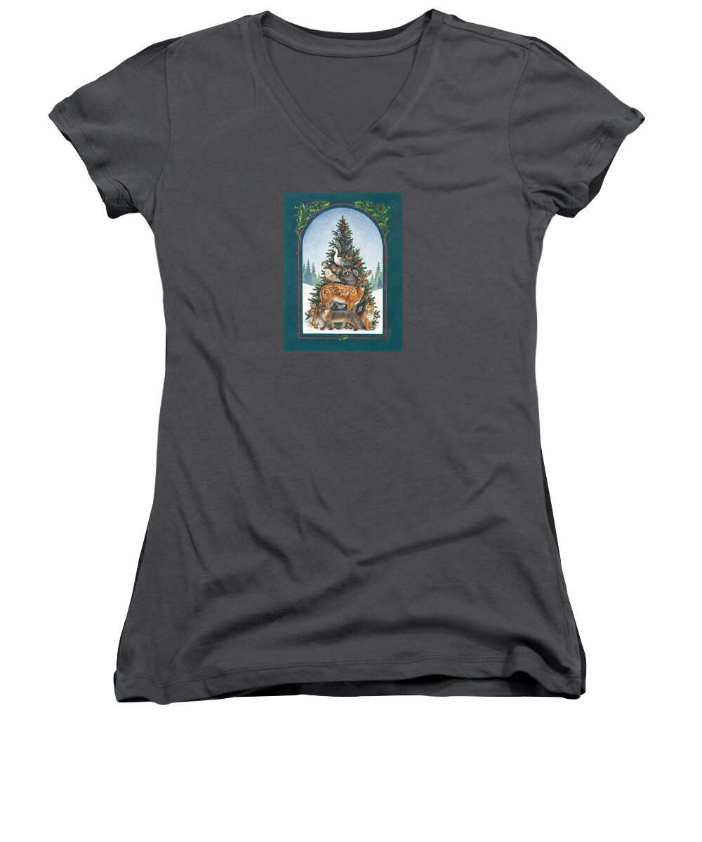 Christmas Women's V-Neck featuring the painting Nature's Christmas Tree by Lynn Bywaters