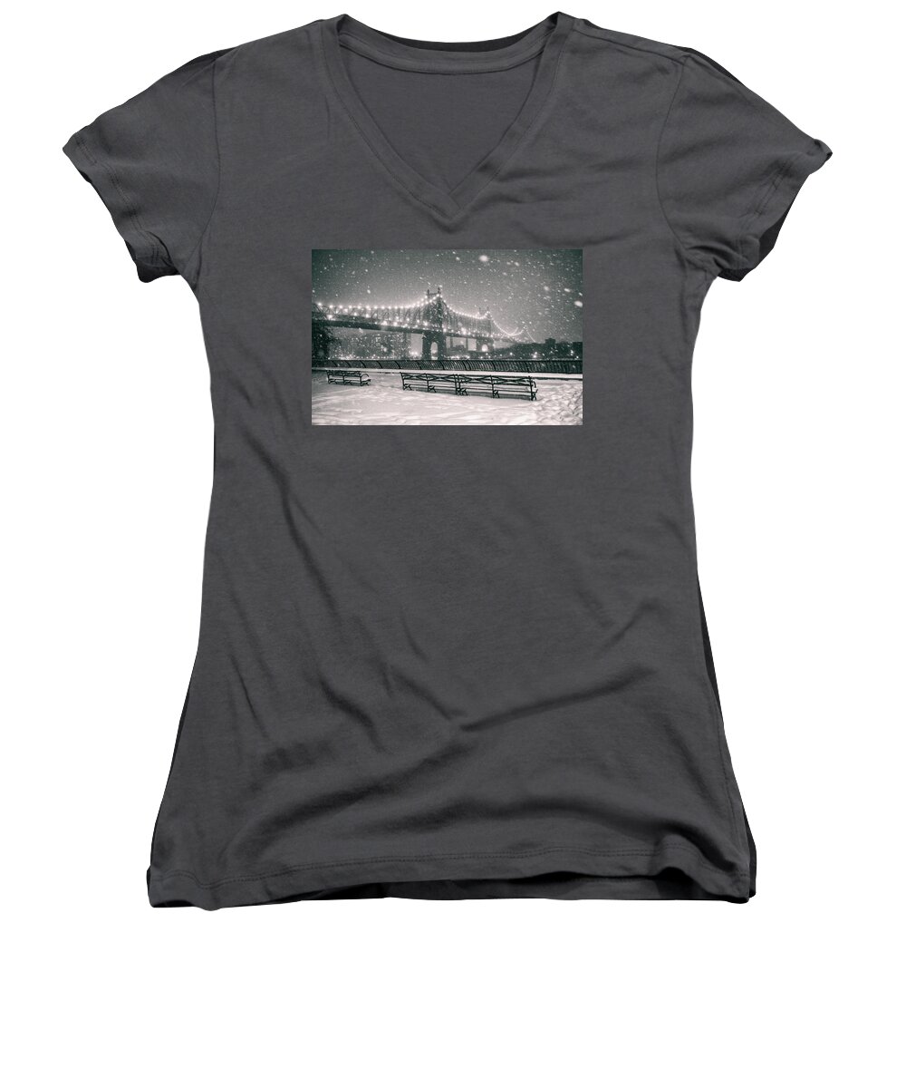 Nyc Women's V-Neck featuring the photograph New York City - Snow at Night - Sutton Place by Vivienne Gucwa