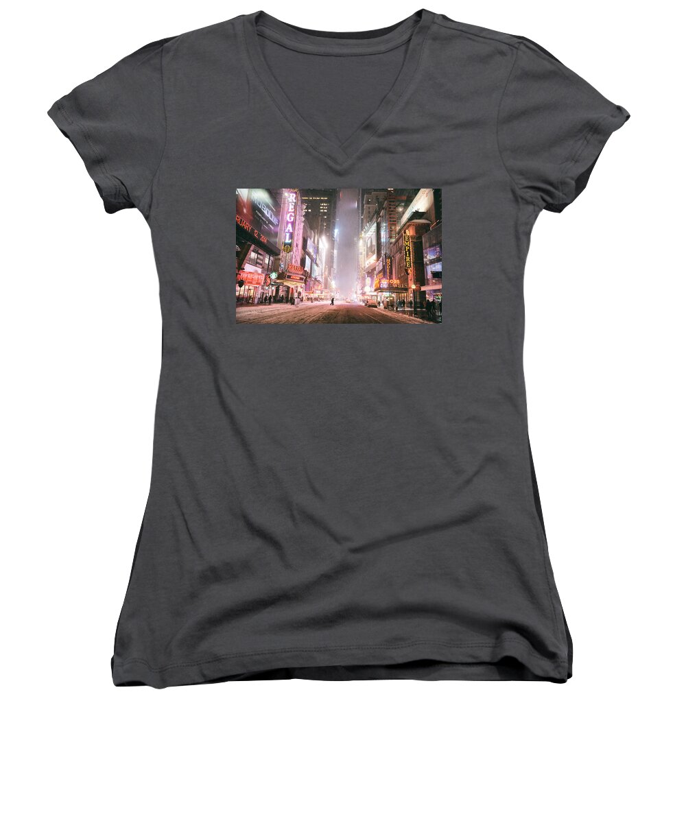 New York City Women's V-Neck featuring the photograph New York City - Winter Night - Times Square in the Snow by Vivienne Gucwa