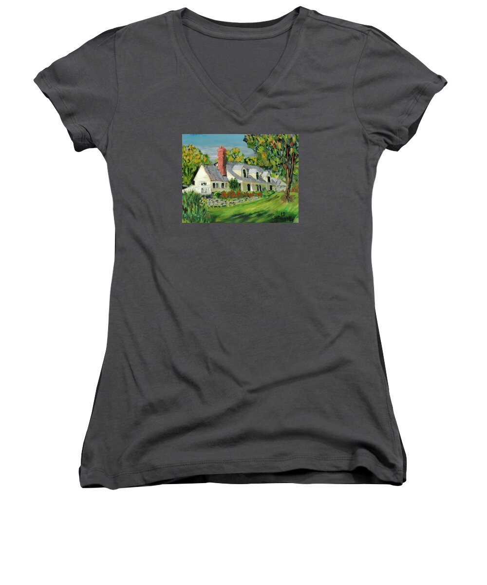 Wooden Duck Inn Cape Cod House Gable Tree Kittatinny Valley State Park Scenic Women's V-Neck featuring the painting Next to the Wooden Duck Inn by Michael Daniels
