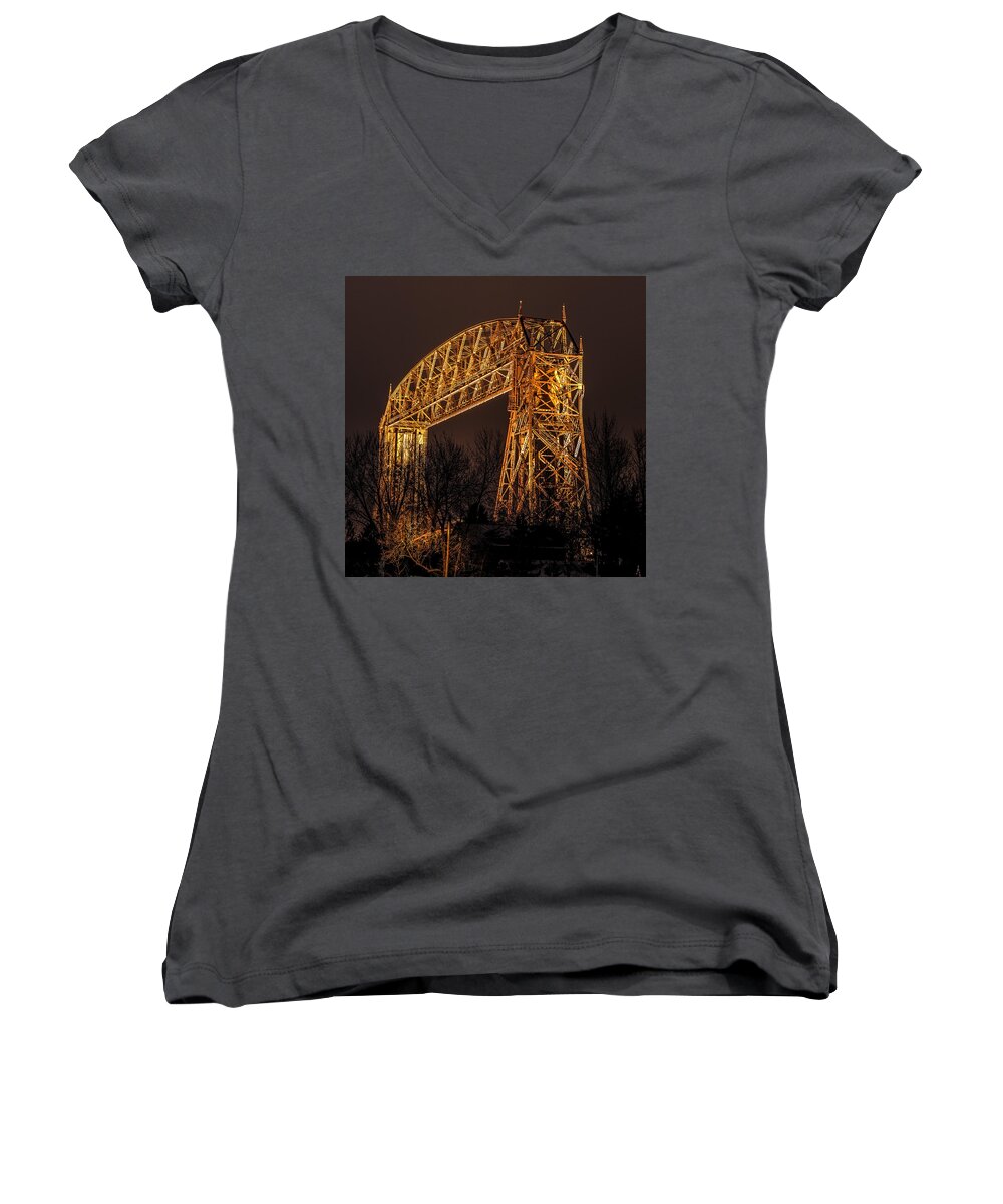 Aerial Women's V-Neck featuring the photograph Night At Duluth Aerial Lift Bridge by Paul Freidlund