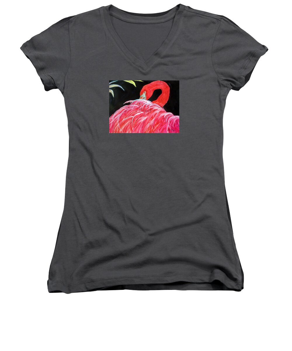 Pink Women's V-Neck featuring the painting Night Flamingo by Lil Taylor