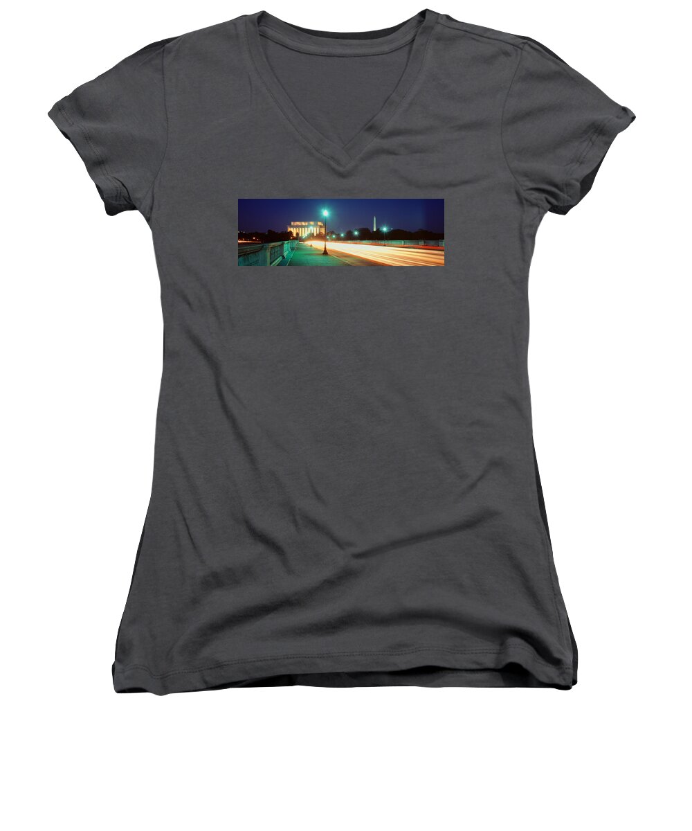 Photography Women's V-Neck featuring the photograph Night, Lincoln Memorial, District Of by Panoramic Images