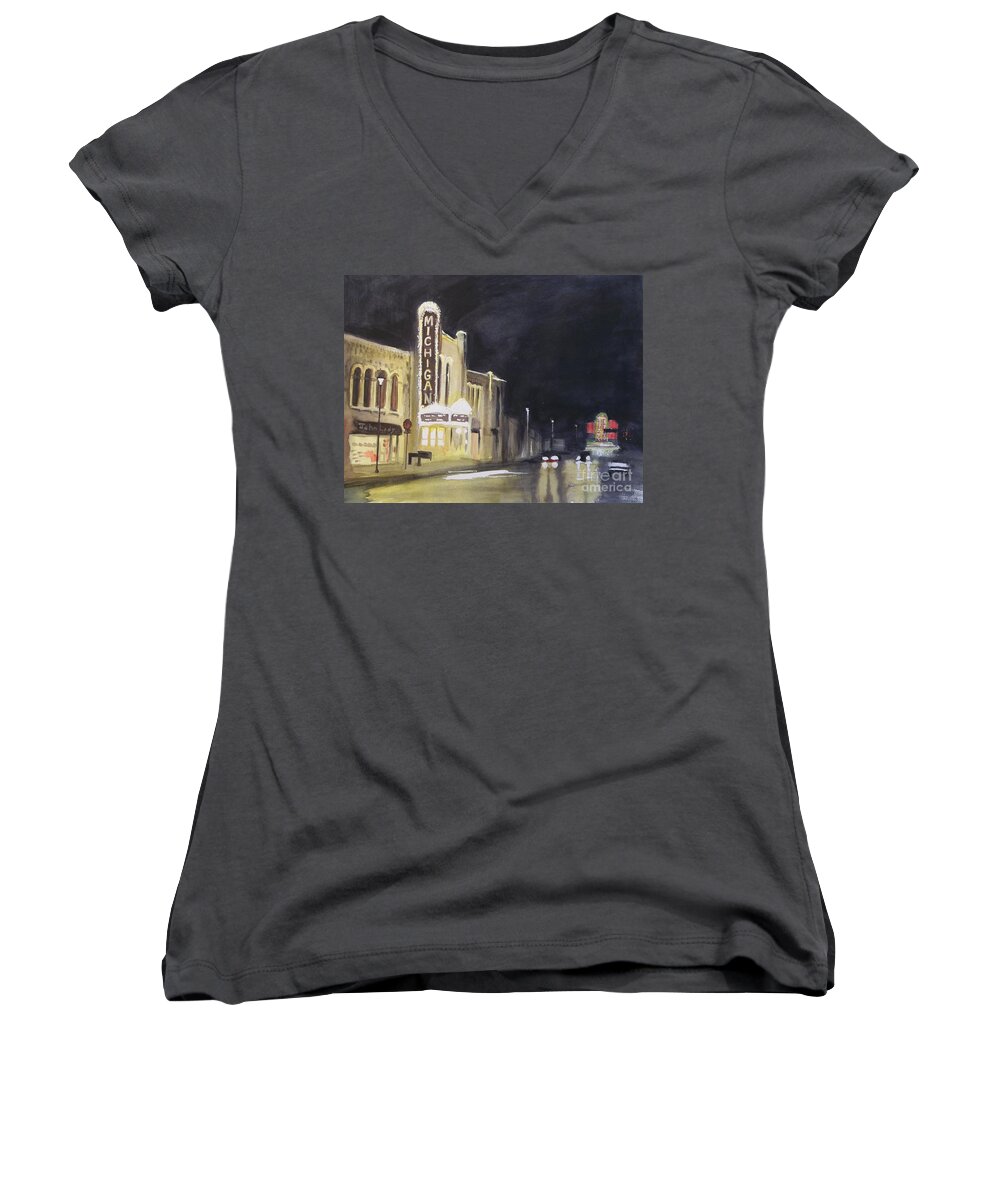 Town Women's V-Neck featuring the painting Night Time at Michigan Theater - Ann Arbor MI by Yoshiko Mishina